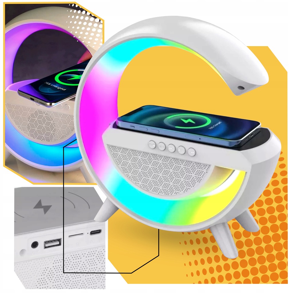 GŁOŚNIK BLUETOOTH BEZPRZEWODOWY PRZENOŚNY MOBILNY PODŚWIETLENIE RGB XXL Funkcje funkcja powerbanku odbieranie połączeń odtwarzanie plików audio radio FM sterowanie za pomocą smartfona tryb głośnomówiący wbudowany mikrofon